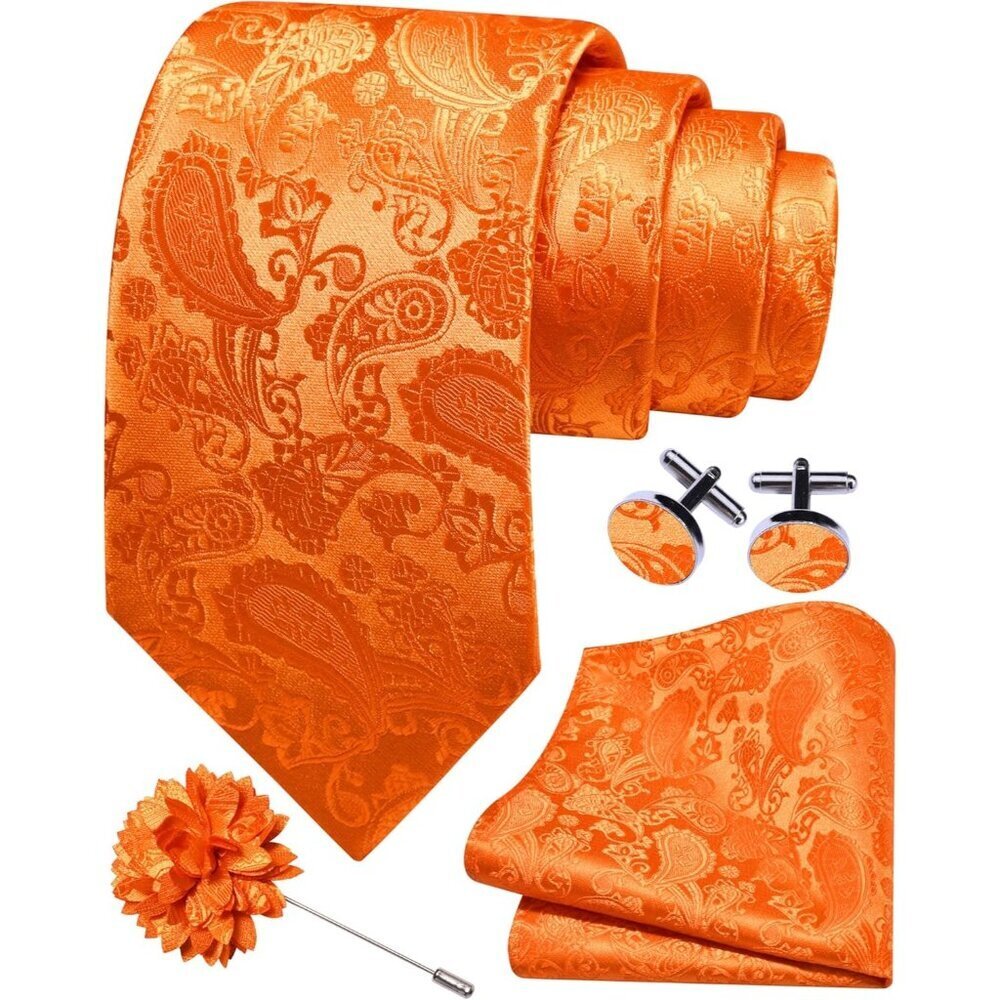 Men's Orange Paisley Tie And Lapel Pin Necktie Hankerchief Cufflinks Set